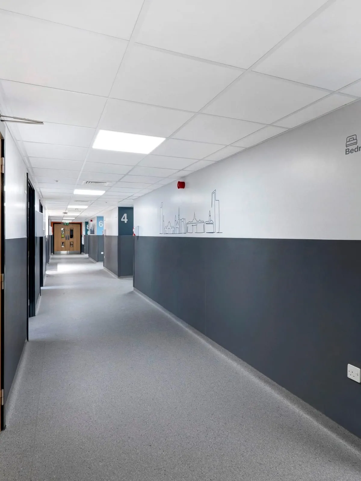 A ward corridor on Level 5 at the John Radcliffe Hospital, refurbished by Marcon
