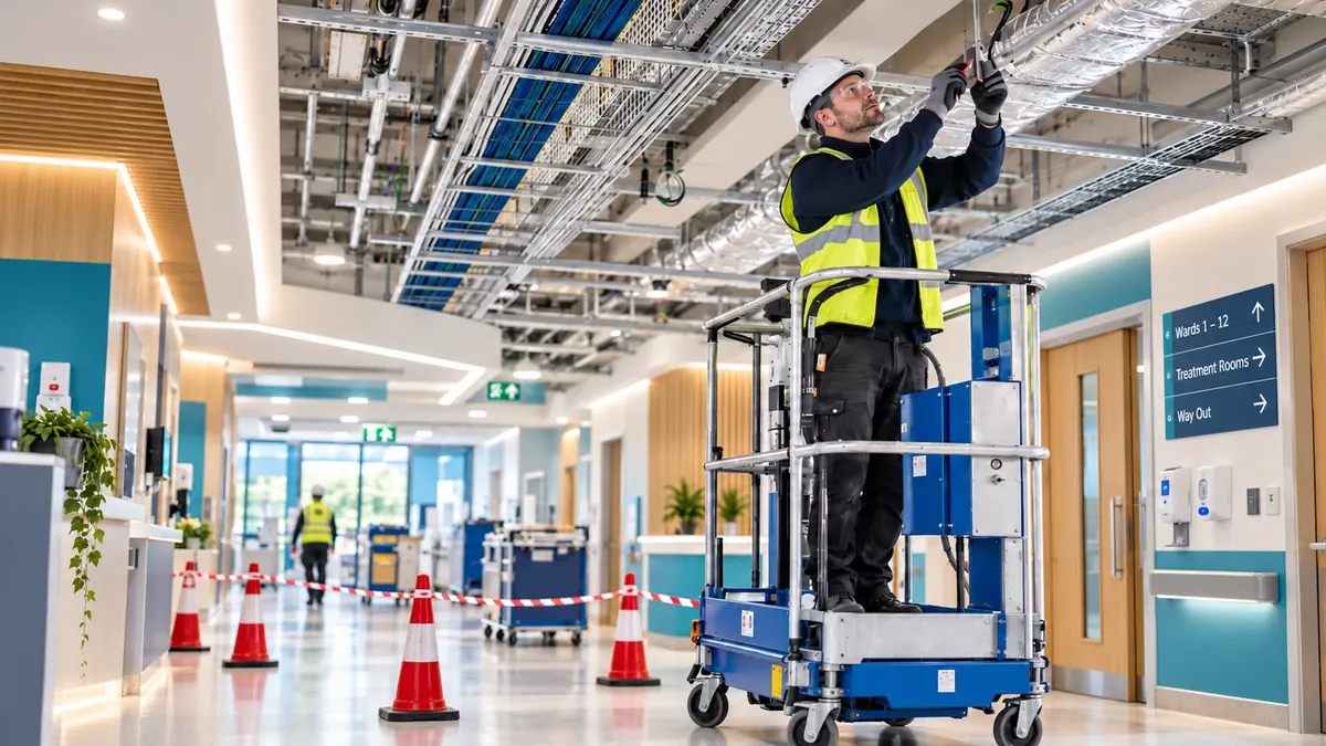 An operative in a hard hat and hi-vis working on overhead services from a mobile platform, inside a hospital corridor cordoned off for the works