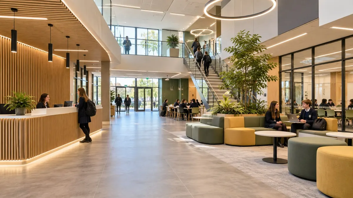 A school atrium with a timber-clad reception desk, feature stair and breakout seating