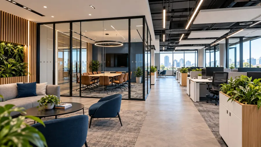 An open-plan office with a glazed meeting room and breakout seating