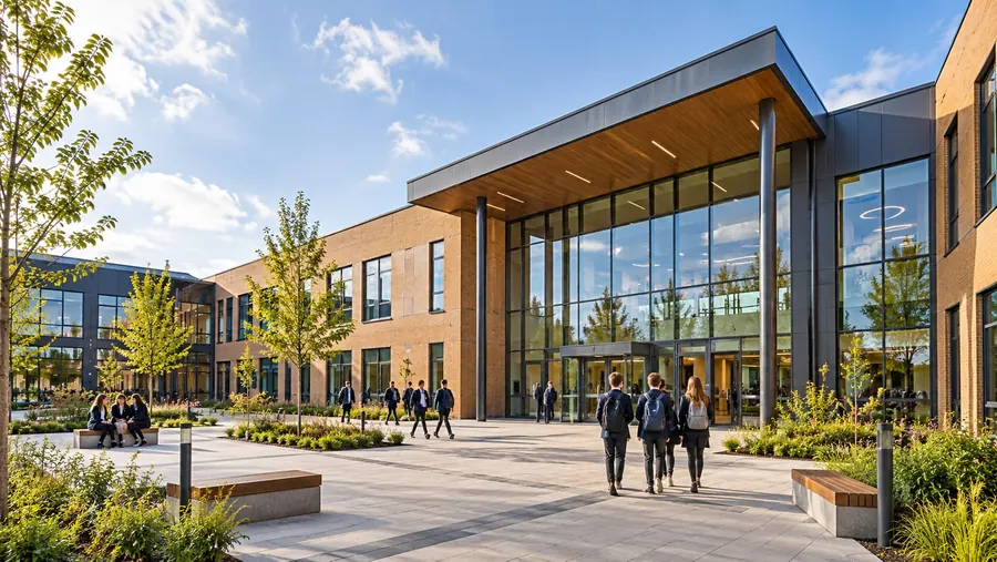 A modern school building and entrance plaza, with pupils arriving